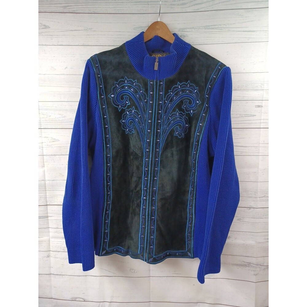 Bob Mackie Wearable Art Leather Suede Embroidery Zip Jacket Royal Blue Black XL